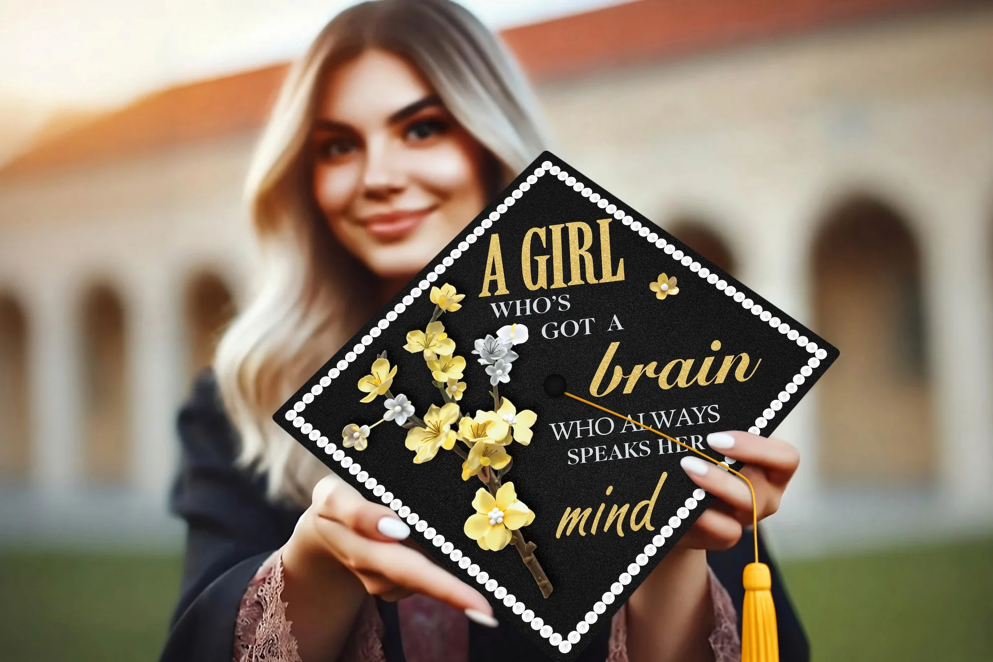 A Girl Who’s Got a Brain Who Always Speaks Her Mind Graduation Cap Topper - Image 3