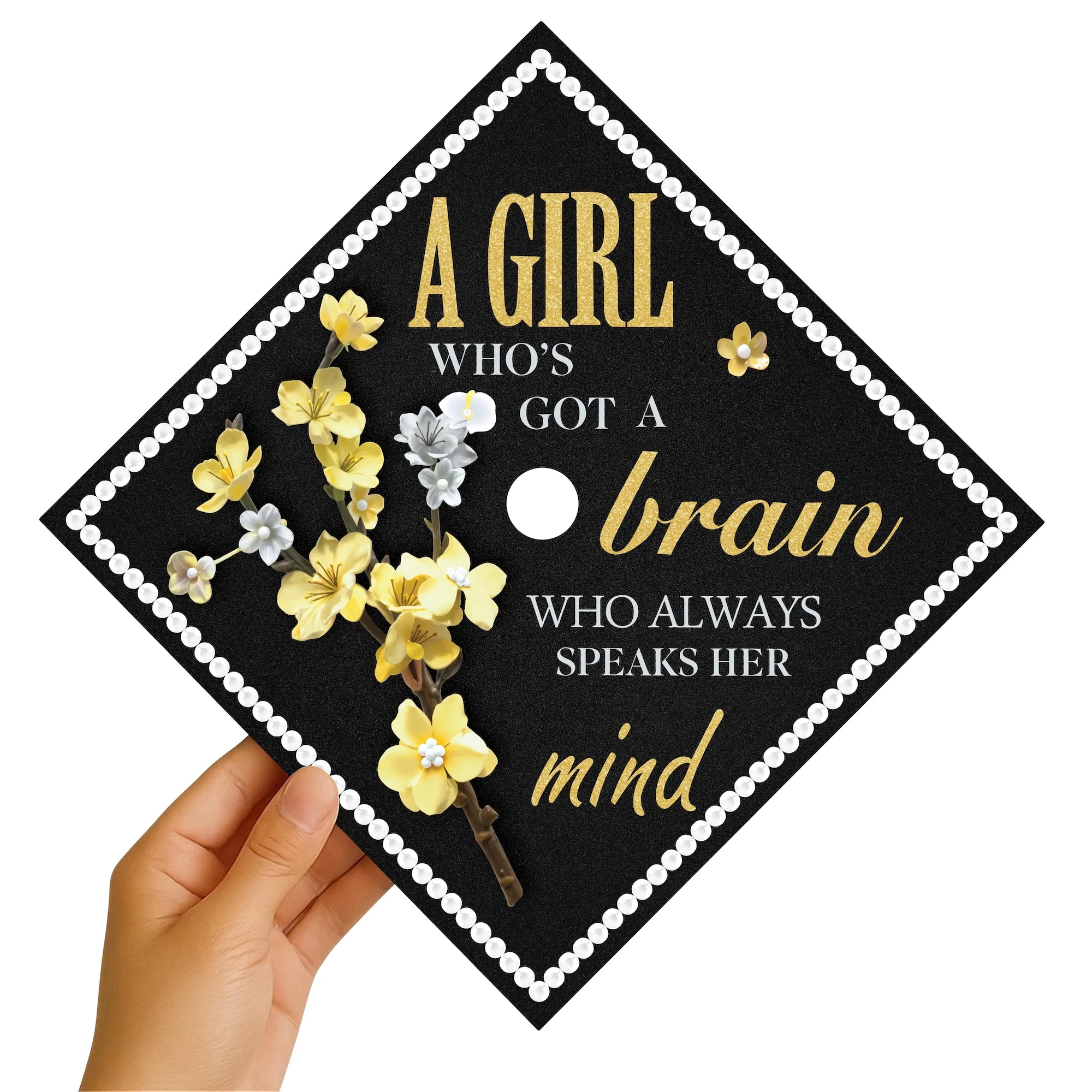A Girl Who’s Got a Brain Who Always Speaks Her Mind Graduation Cap Topper - Image 4