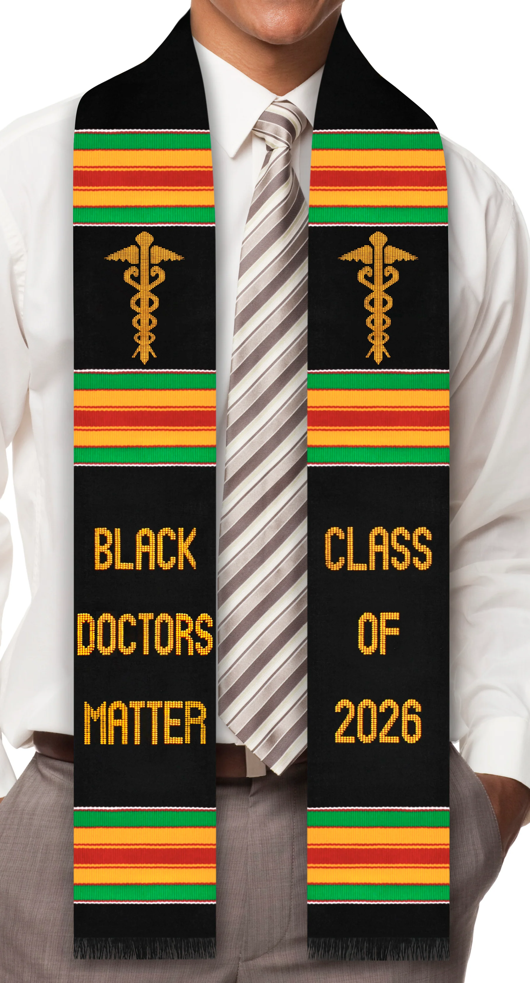 Black Doctors Matter Class of 2026 Kente Graduation Stole with Medicine Caduceus Symbol
