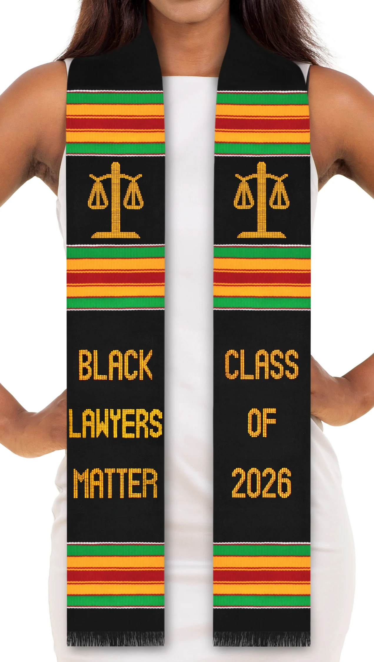 Black Lawyers Matter Class of 2026 Kente Graduation Stole with Scale Symbols for Law, Lawyers and Juris Doctors