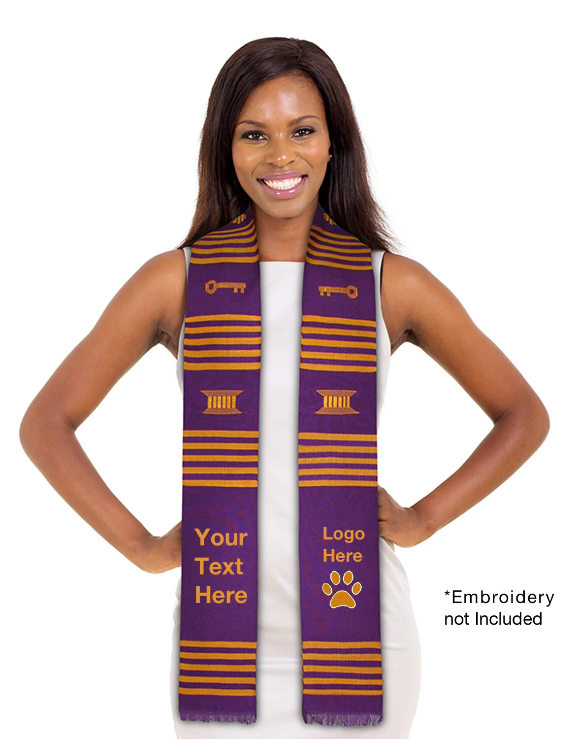 Ready to Customize Purple & Gold (yellow) Kente Cloth Graduation Stole - Image 2