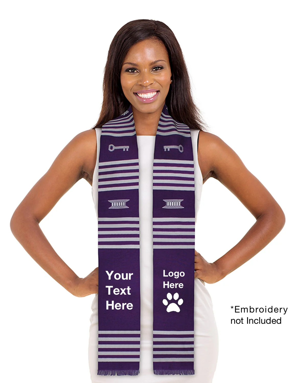 Ready to Customize Purple & White Kente Cloth Graduation Stole - Image 2