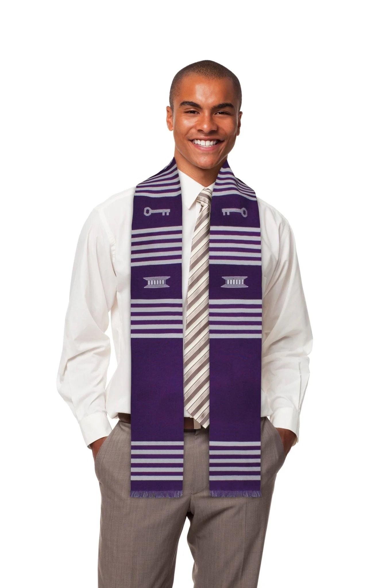 Ready to Customize Purple & White Kente Cloth Graduation Stole - Image 3