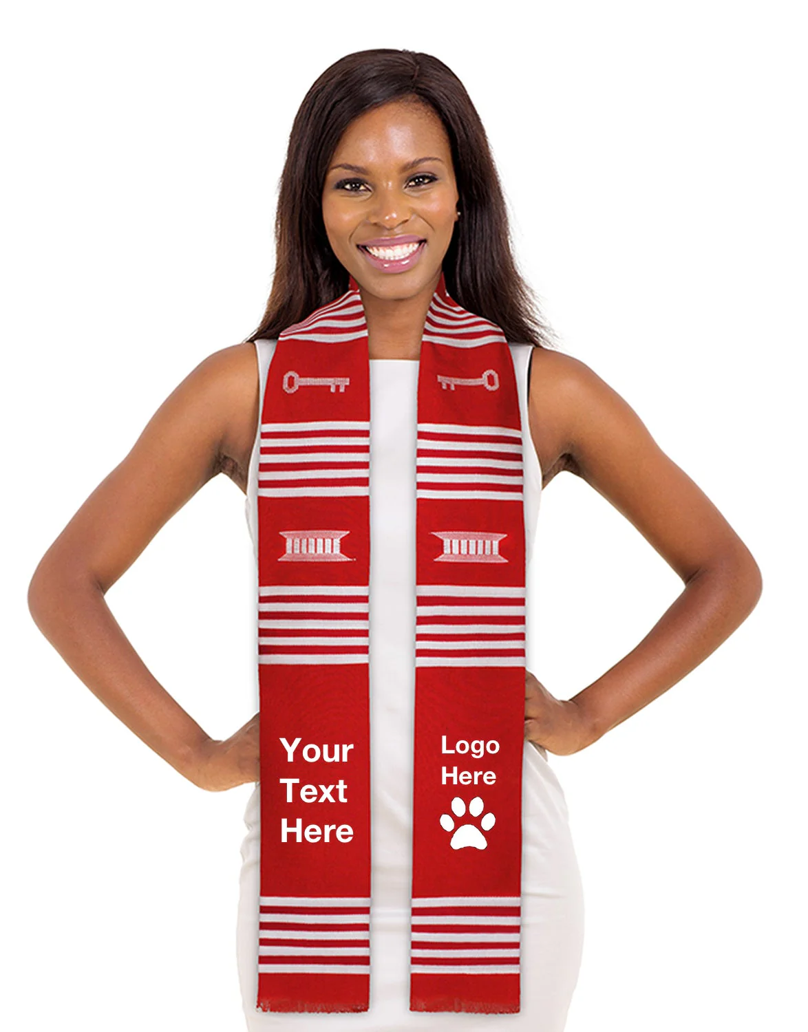 Ready to Customize Red & White with Key Kente Cloth Graduation Stole - Image 2
