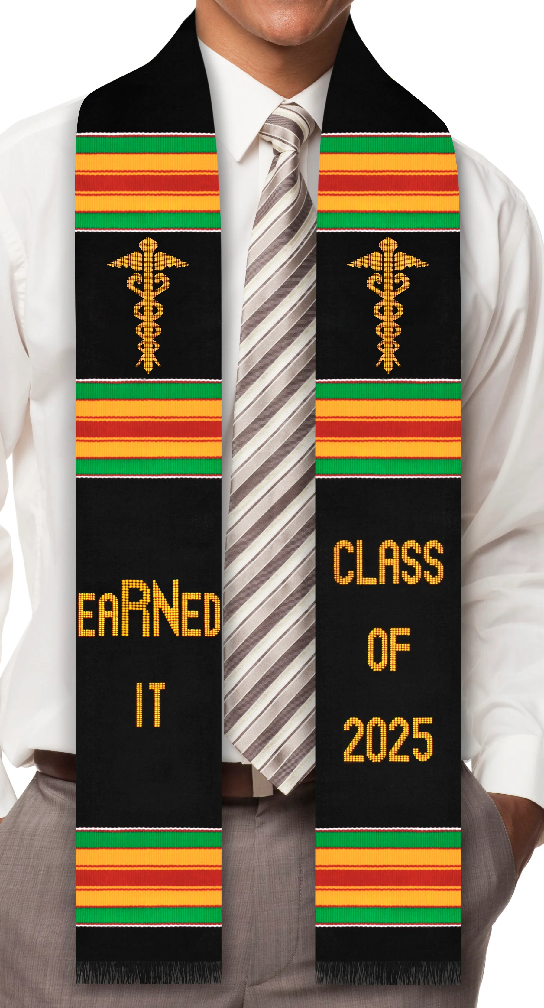 eaRNed it Class of 2025 Kente Graduation Stole (Registered Nurse) with Medicine Caduceus Symbol - Image 3