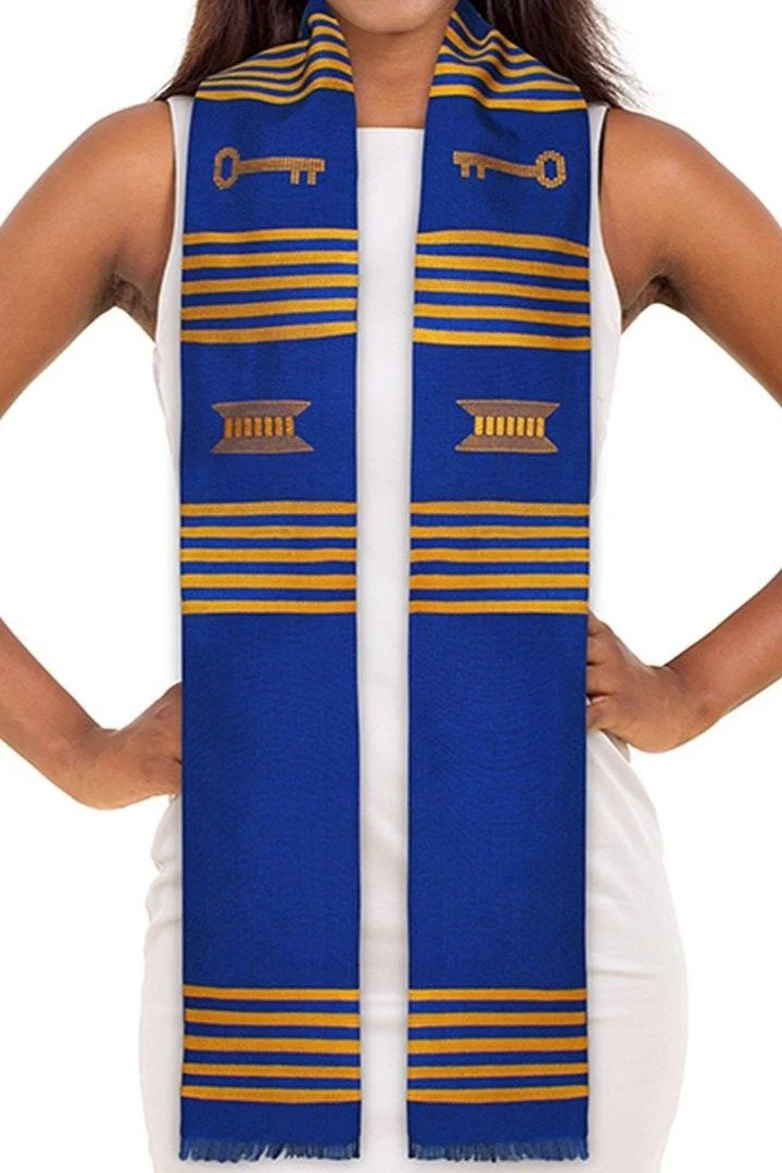 Ready to Customize Royal Blue & Gold (yellow) with Key Kente Cloth Graduation Stole