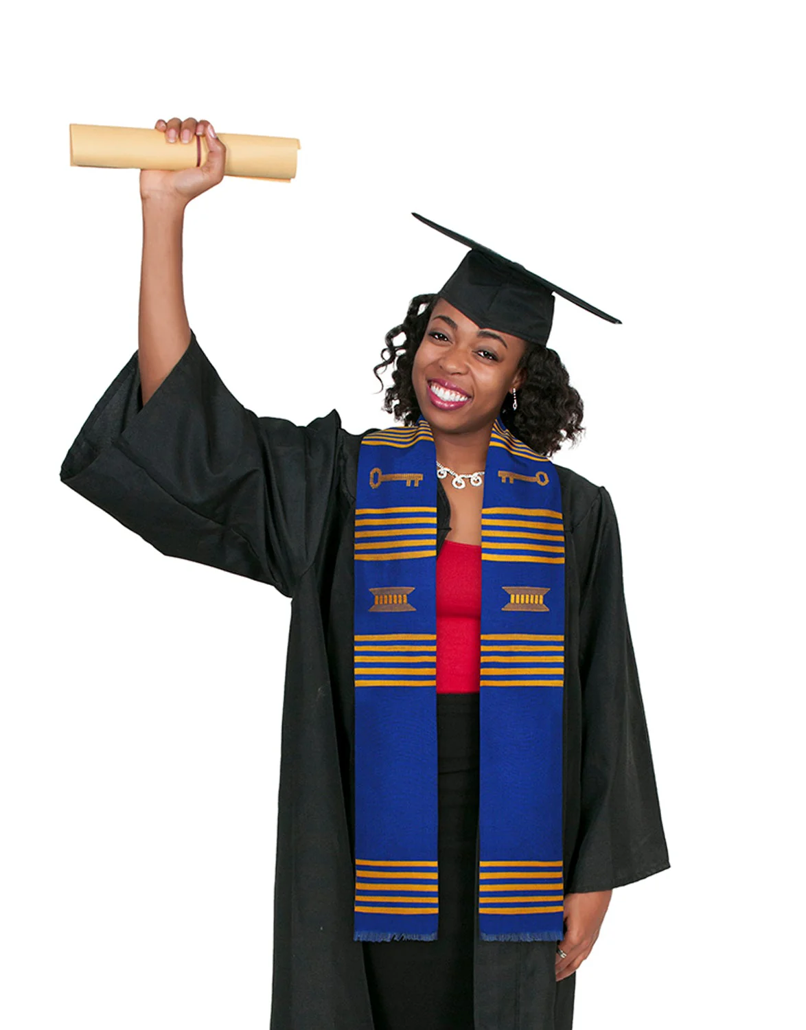 Ready to Customize Royal Blue & Gold (yellow) with Key Kente Cloth Graduation Stole - Image 3