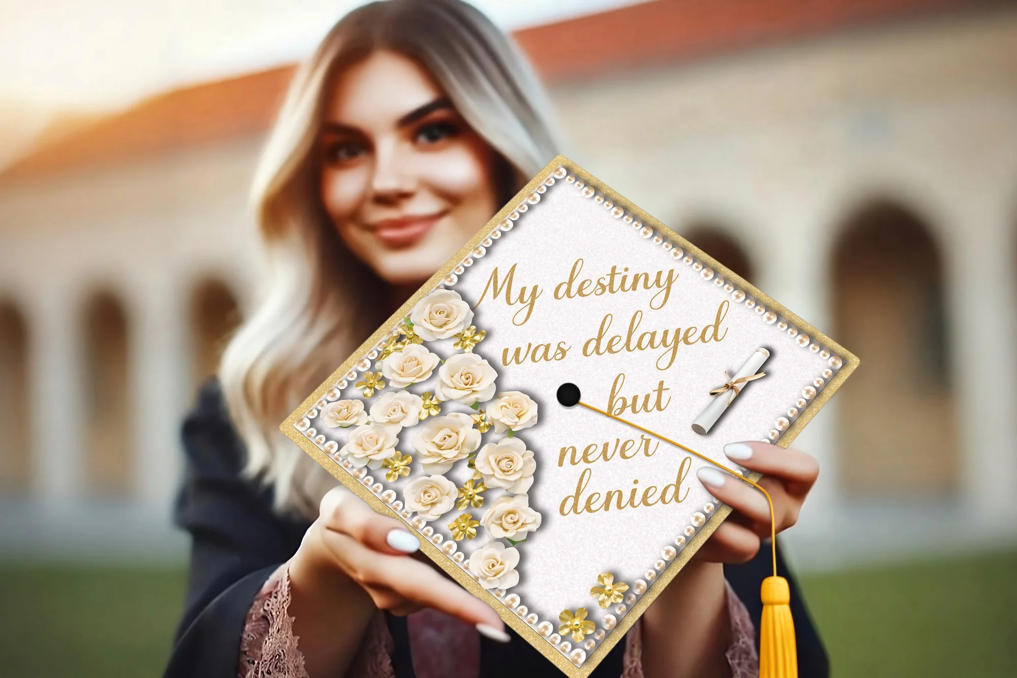 My Destiny Was Delayed But Never Denied Graduation Cap Topper - Image 3