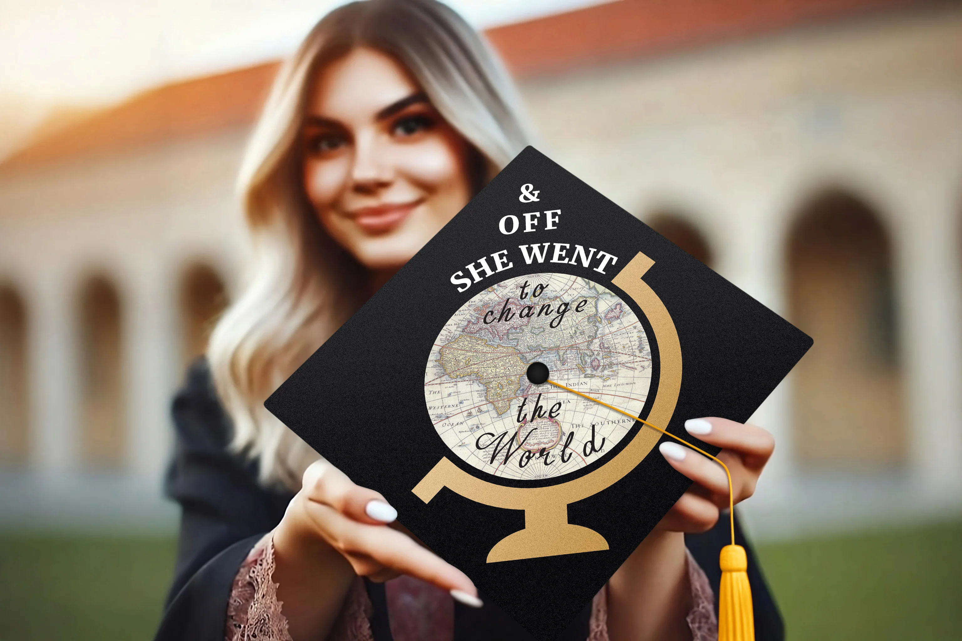 Off She Went To Change The World Graduation Cap Topper - Image 2