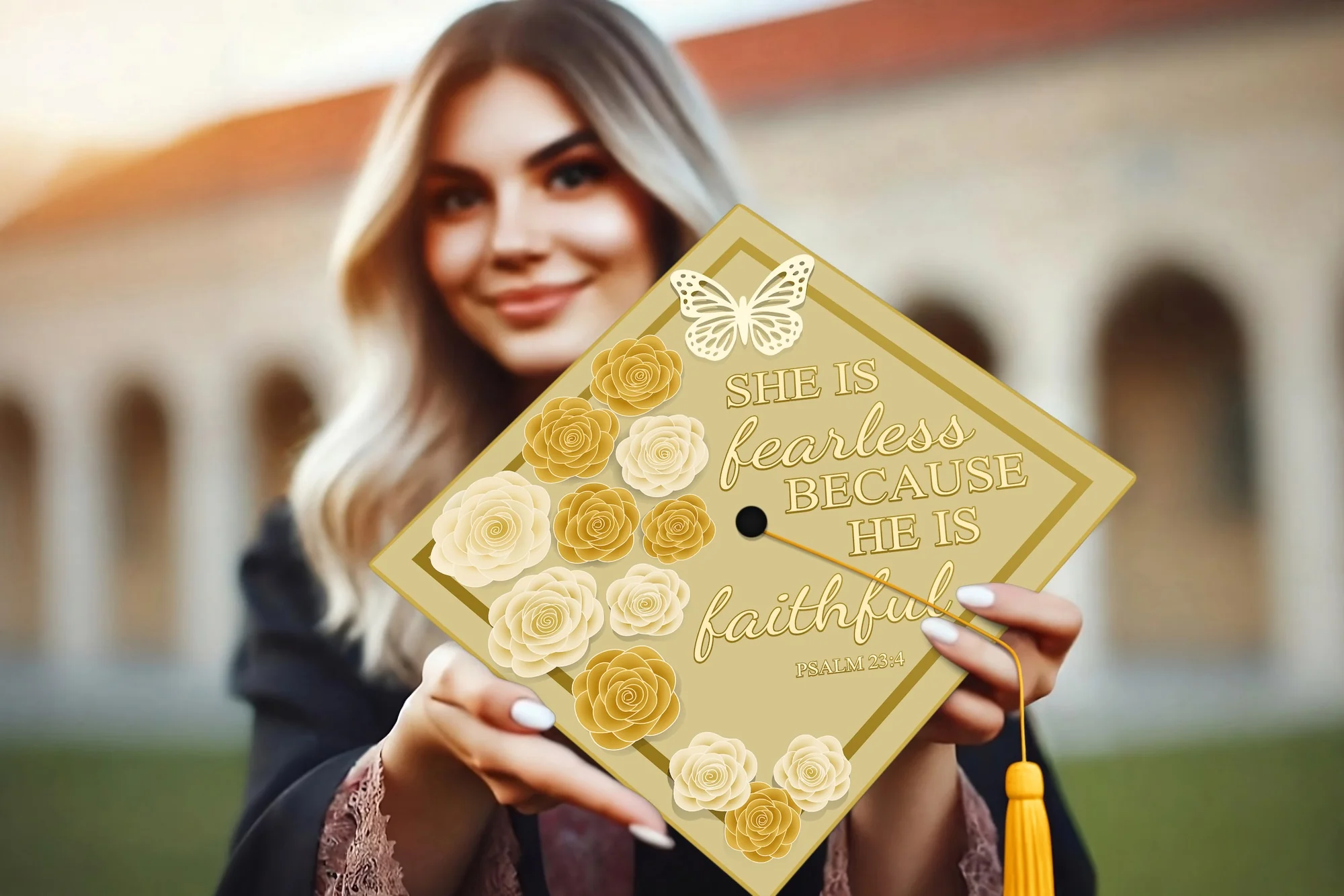 She Is Fearless Because He Is Faithful Graduation Cap Topper - Image 6